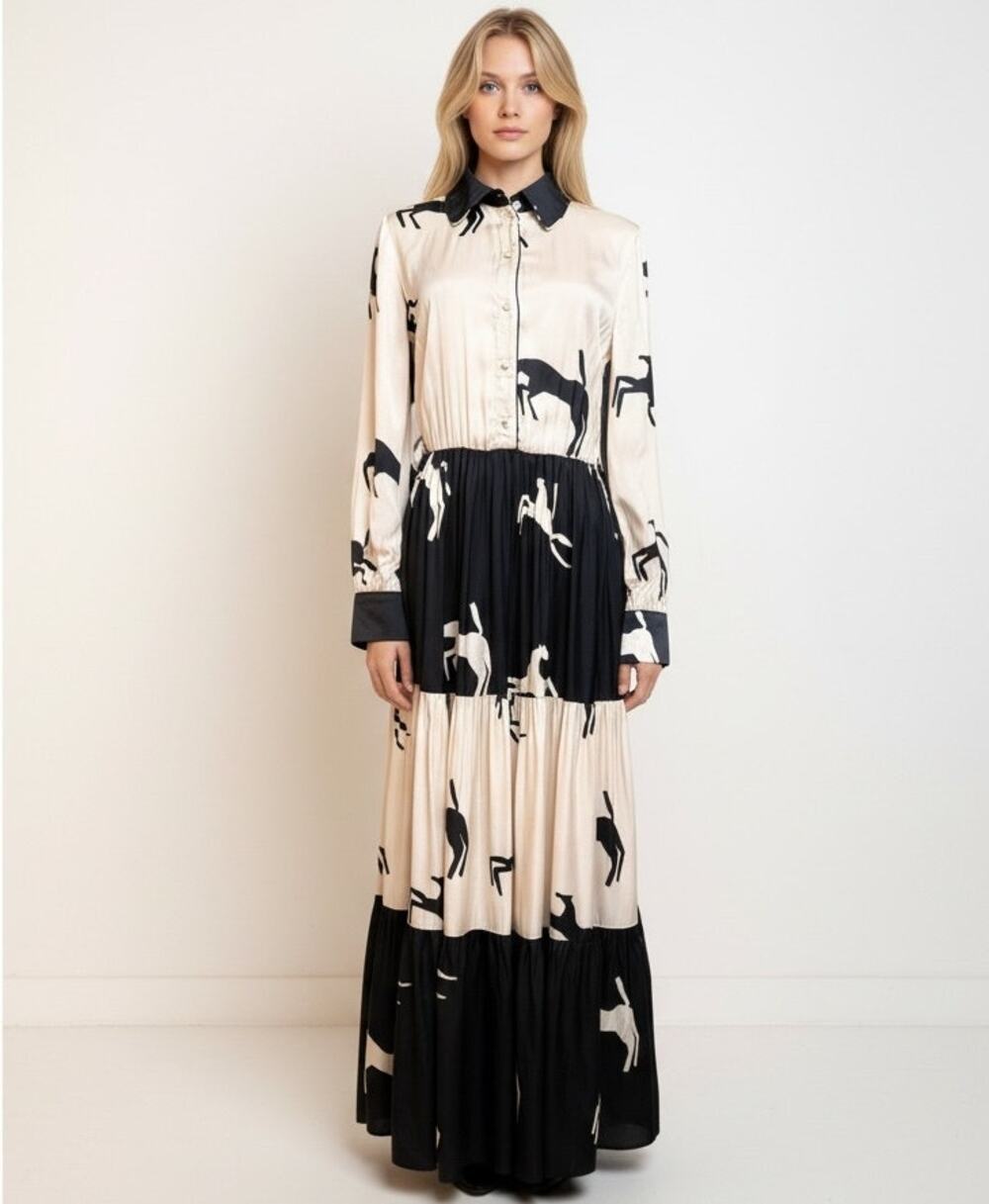 Carolina K Horse Print Maxi Shirt Dress Sz S Black Cream Tiered Ecovero Viscose